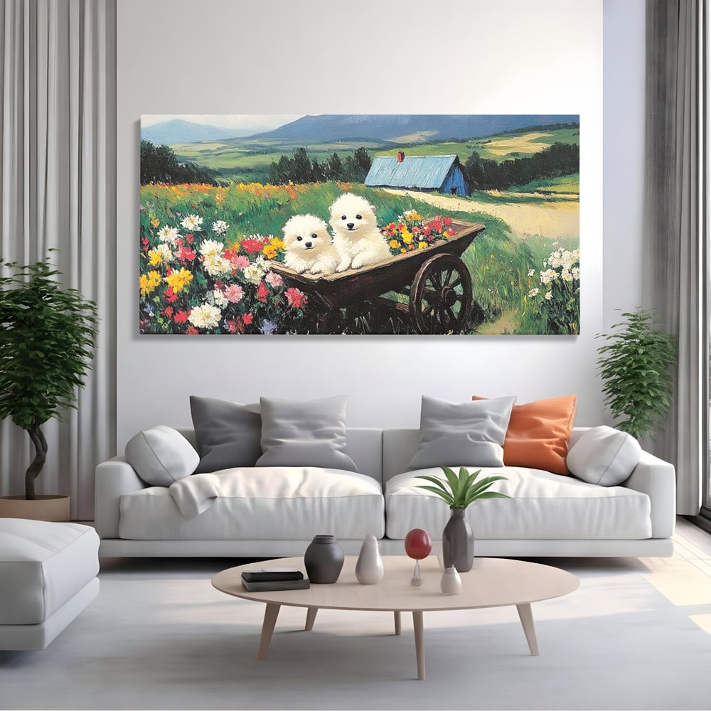 Tablou canvas cu tablou canvas cu catelusi intr-o roaba, fara rama, pe sasiu de lemn, pe perete intr-un living